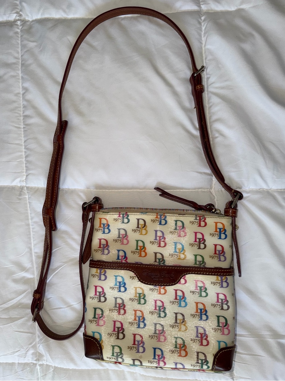Dooney & Bourke Cream Multicolor DB Logo Crossbody with Brown Trim